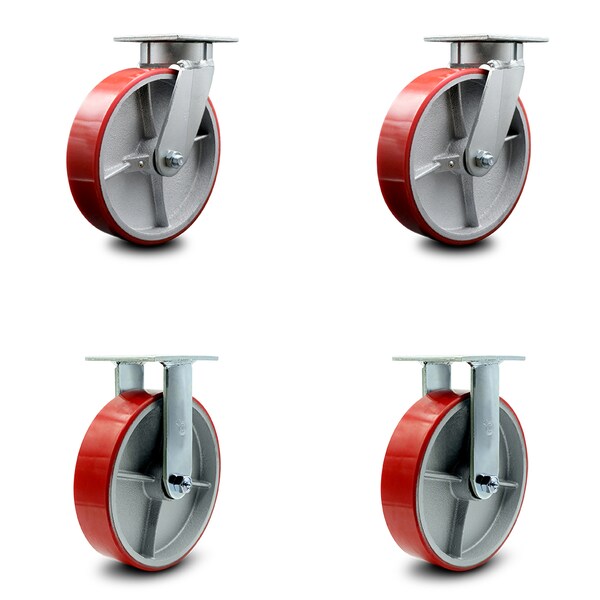 8 Inch Kingpinless Red Poly on Steel Wheel Swivel Caster Swivel 2 Rigid, 2PK